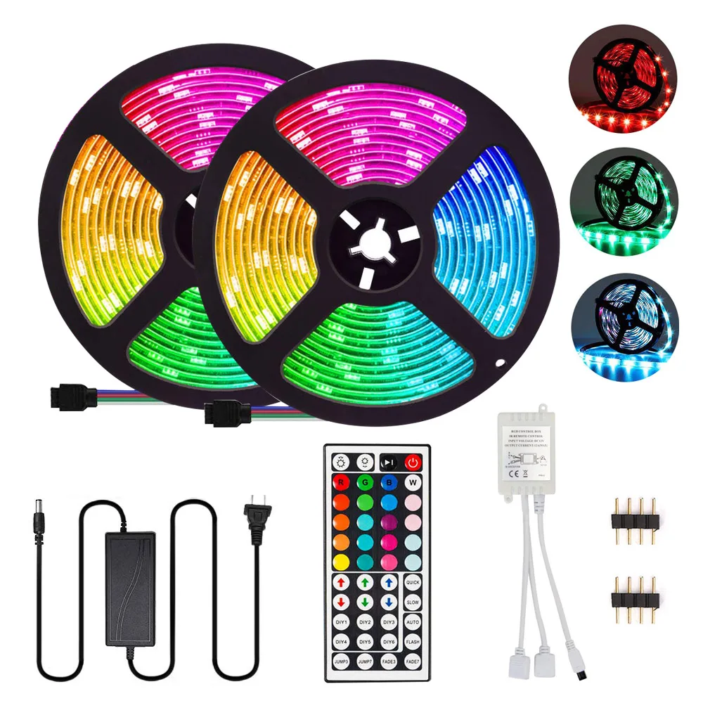 

LED Strip Lights 10M 300 LEDs SMD 5050 RGB Strip Lights IP65 Waterproof Light with 44 Keys IR Remote Controller & 12V 5A Power