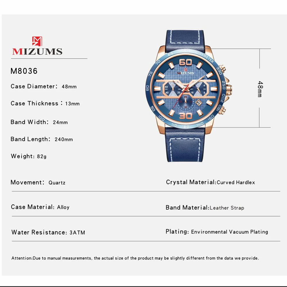 MIZUMS Роскошные Кварцевые часы для мужчин военные кожаные мужские с хронографом