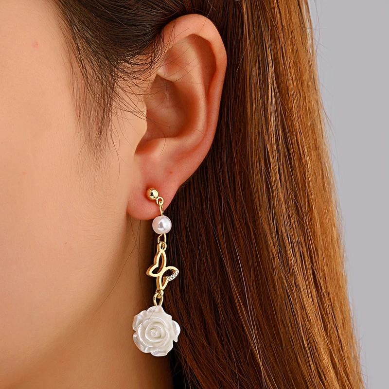 

New Trendy White Rose Flower Pendant Earrings for Women Gold Color Butterfly Geometric Fine Temperament Pearl Earring