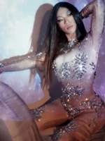 sparkling crystal glass long sleeve jumpsuit nude skinny stretch women bodysuit nightclub singer performance costumes stage wear