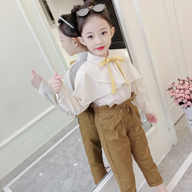 

Комплект одежды для девочек в стиле колледжа, Детские Стильные Простые повседневные топы с длинным рукавом, рубашка, детские свободные брюк...