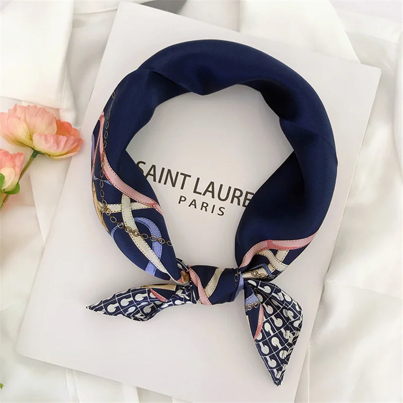 

53CM 100% Mulberry Pure Silk Scarf For Ladies Belt&Chains Print Square Scarves Small Head Handkerchief Wholesale Hijab Wraps