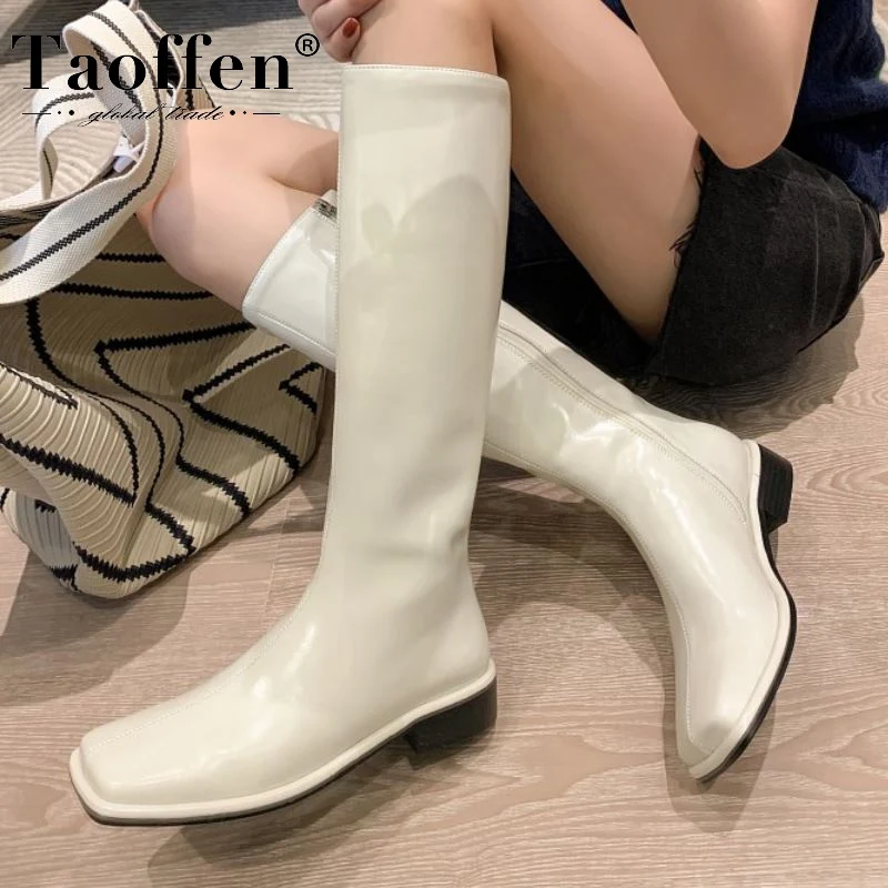 

Taoffen/2022 женские модные сапоги до колена из натуральной кожи; Высокие зимние сапоги на низком каблуке; Стильная женская обувь; Размеры 34-40