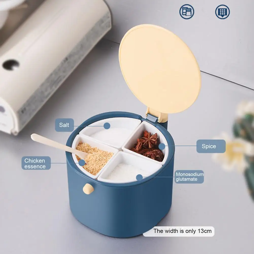 

50%HOTSeasoning Box Exquisite Damp-proof 4 Grids Seasoning Condiment Holder Spoon Set for Kitchen