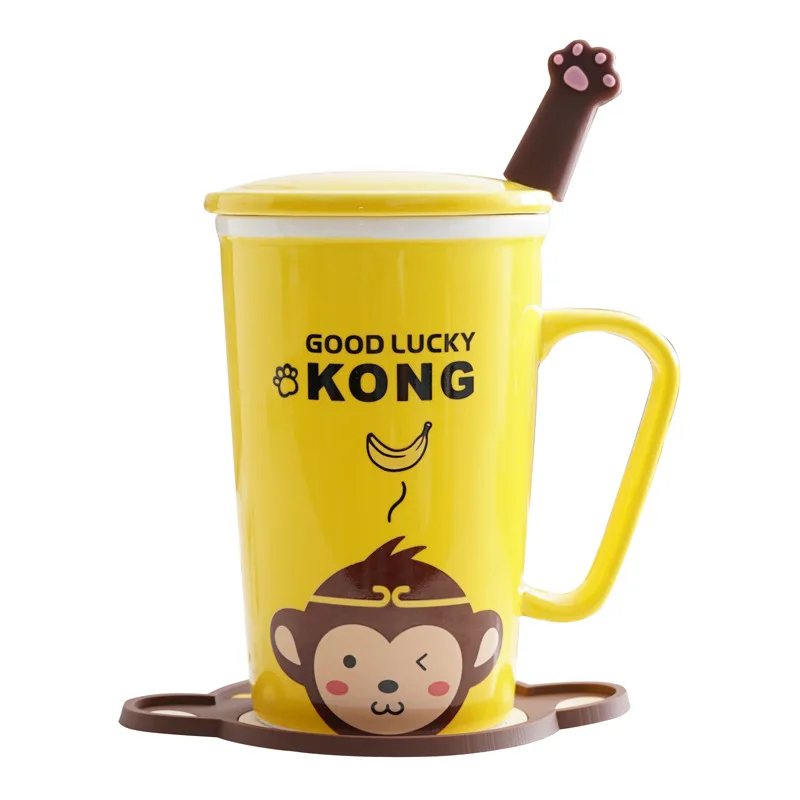 

Cartoon Animal Ceramic Cup Large Capacity Creative Couple Mug with Cover Spoon Handle Milk Coffee Cup Customization
