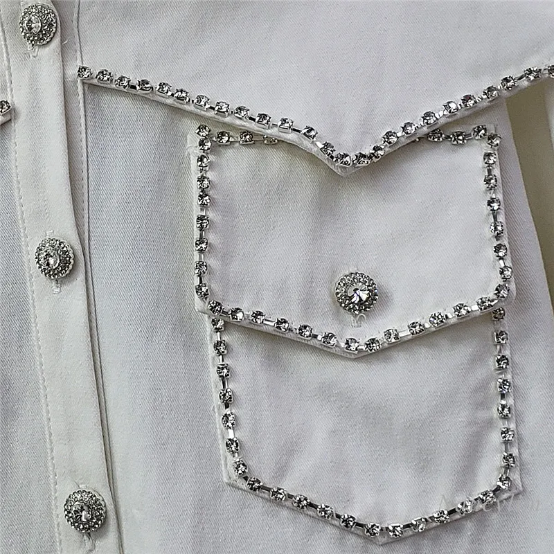 Diamant Strass Chemise Femme 2021 Printemps Nouveau Denim Blanc Chemisier Femme Vêtements Hauts Amples Femme Blusas À Manches Longues Revers