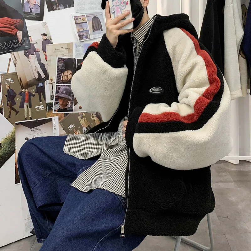 

Neploha Lamb Woolen Hooded Warm Men Parkas 2022 Winter Thicken Spliced Casual Man Jacket Coats Harajuku Vintage Male Jacket