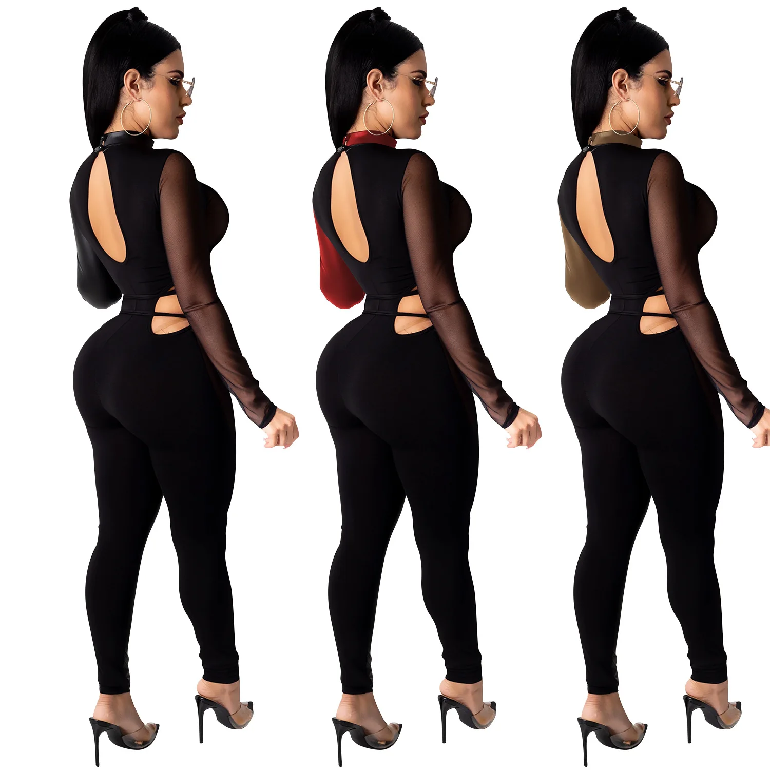 

ZoctuoJumpsuitForWomenLeatherPantsSexyJumpsuitLeatherPantsSexyBandageMeshSeeThroughSexyNightClubPartyRomper