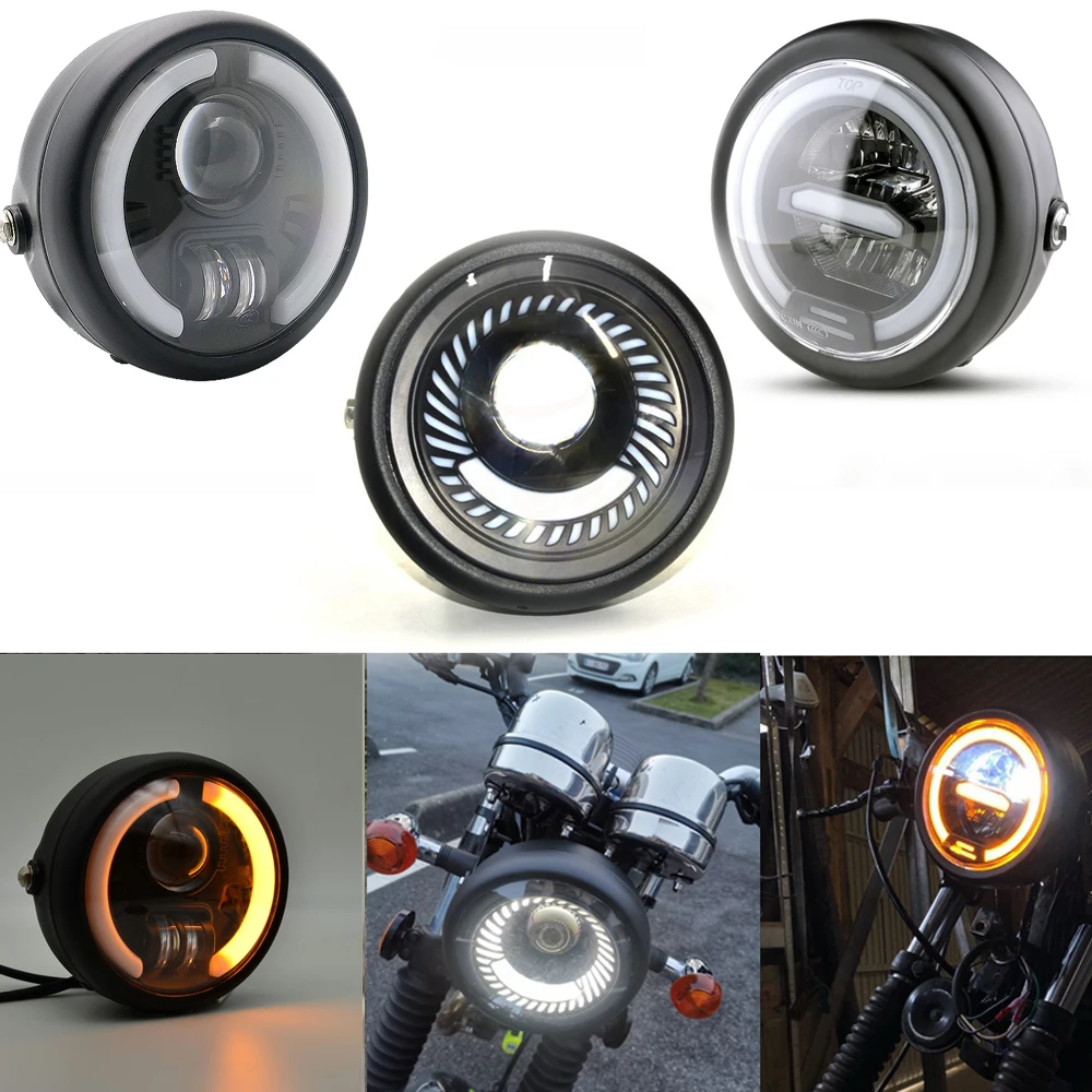 6.5 inch Universal Led Headlight 6.5" Round Hi/Low Beam white DRL Amber turn signal For Cafer Racer BMW Suzuki Chopper Bobber - купить по