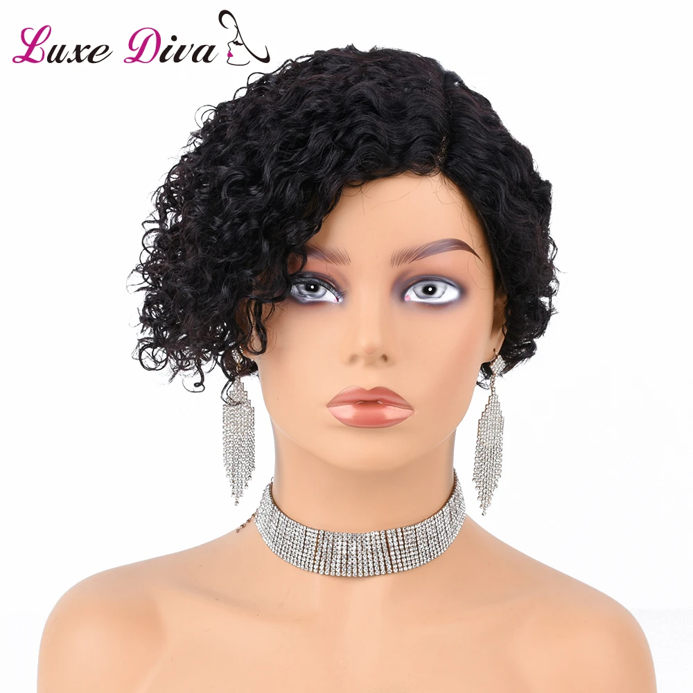 

Short Curly Wig Lace Part Wig Pixi Cut Wig Peruvian Human Hair Kinky Curly Wigs