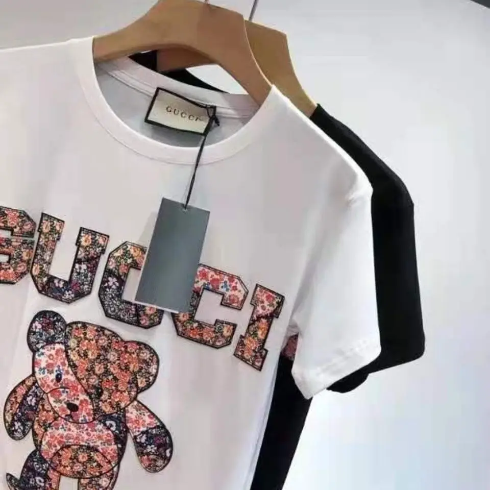 

2021 Fashion Brand G New Machine Embroidery Patch Floral Bear Cotton T-shirt Women's Loose Short Sleeve Top Couple