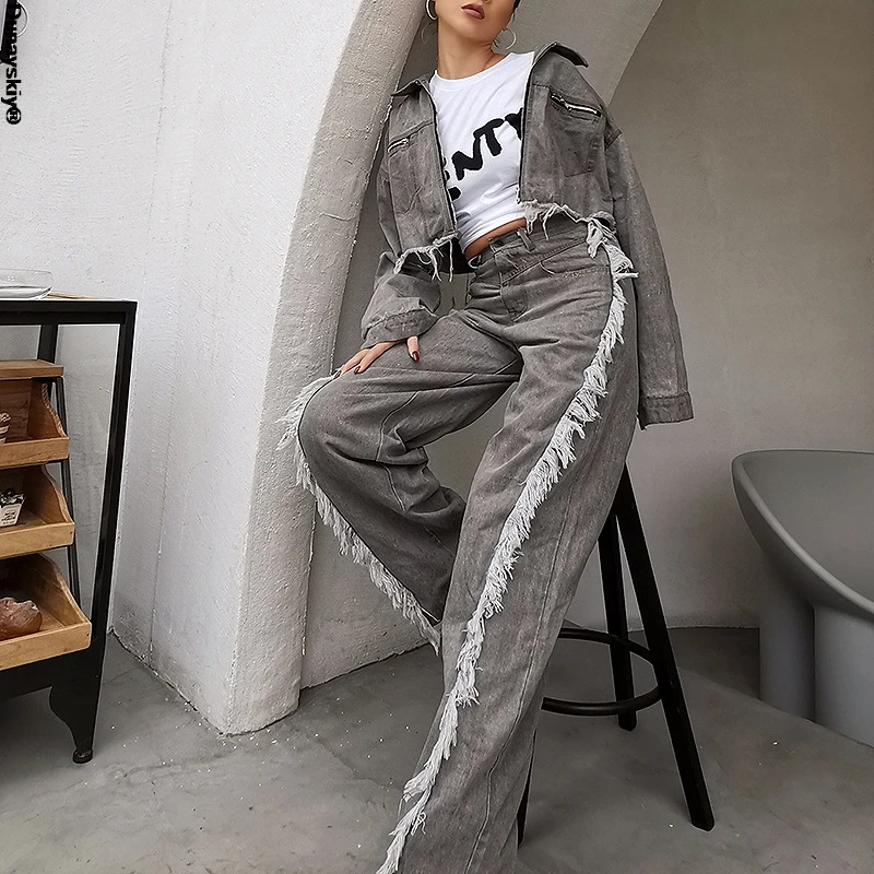 

Tassel Patchwork Casual Denim Women's Set Tide Fashion New Style Turn Down Collar Long Sleeve Loose Personality Lady's Suit