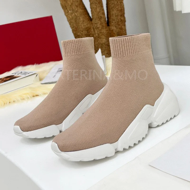 

Роскошные брендовые вязаные ботильоны на толстой подошве для весны и осени, женская повседневная обувь на плоской платформе, удобные корот...