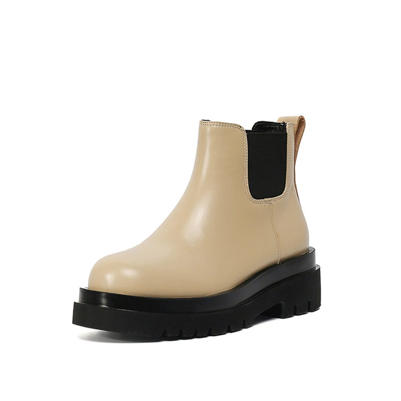 

ANNYMOLI Natural Genuine Leather Chelsea Boots Woman Flat Platform Ankle Boots Round Toe Short Boots Female Shoes Autumn Winter