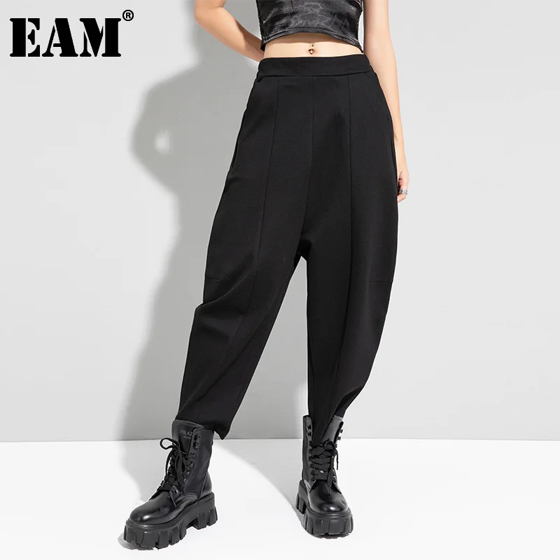 

[EAM] High Elastic Waist Black Long Leisure Harem Trousers New Loose Fit Pants Women Fashion Tide Spring Autumn 2022 1DD0985