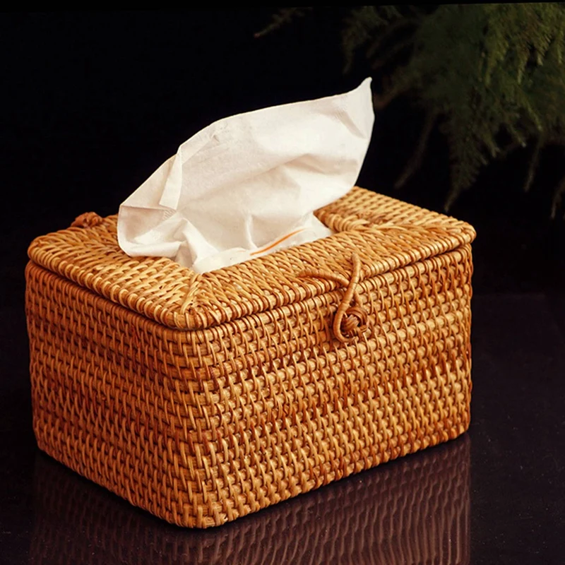 

Woven Rattan Basket Snack Basket & Rectangle Paper Rack Rattan Tissue Box Elegant Home Decoration
