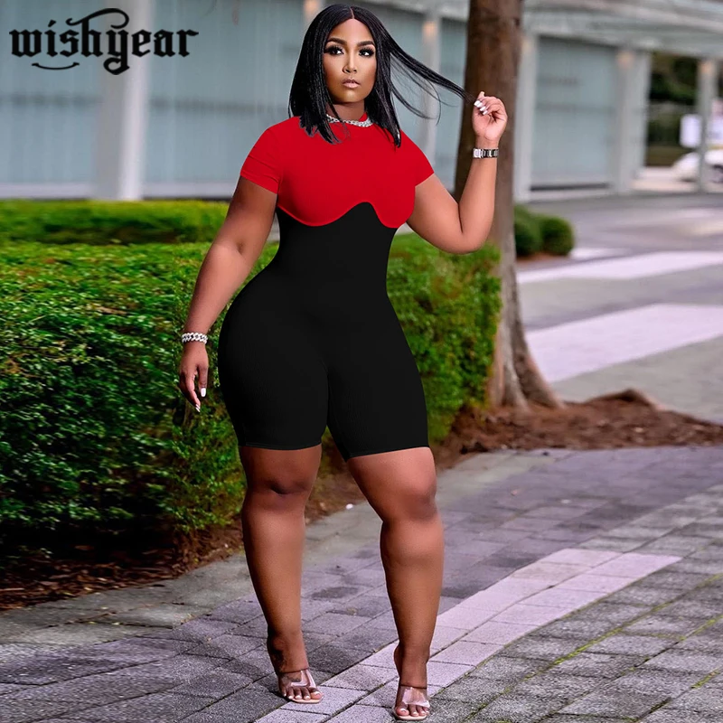 

Contrast Color Patchwork Bodycon Playsuit Woman Casual Short Sleeve Stretch Skinny Short Rompers High Street Wear Outfits