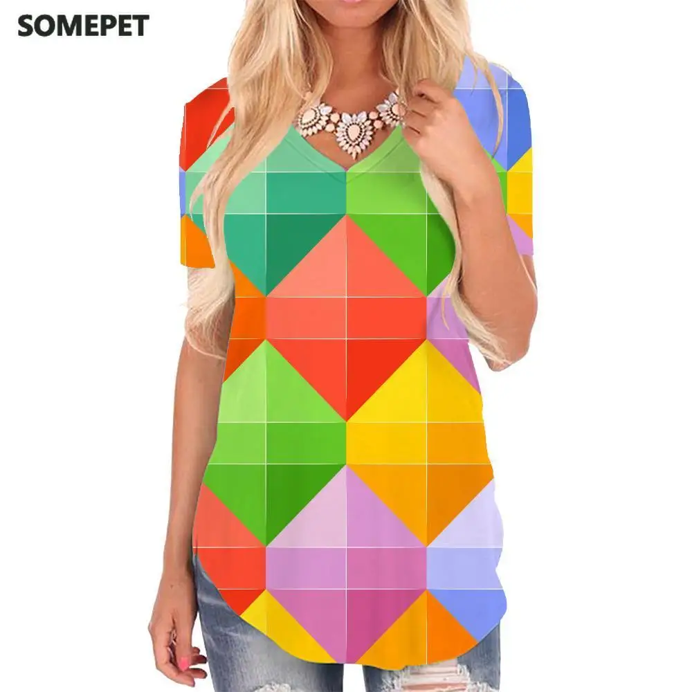 

Футболка женская с геометрическим принтом, V-образным вырезом