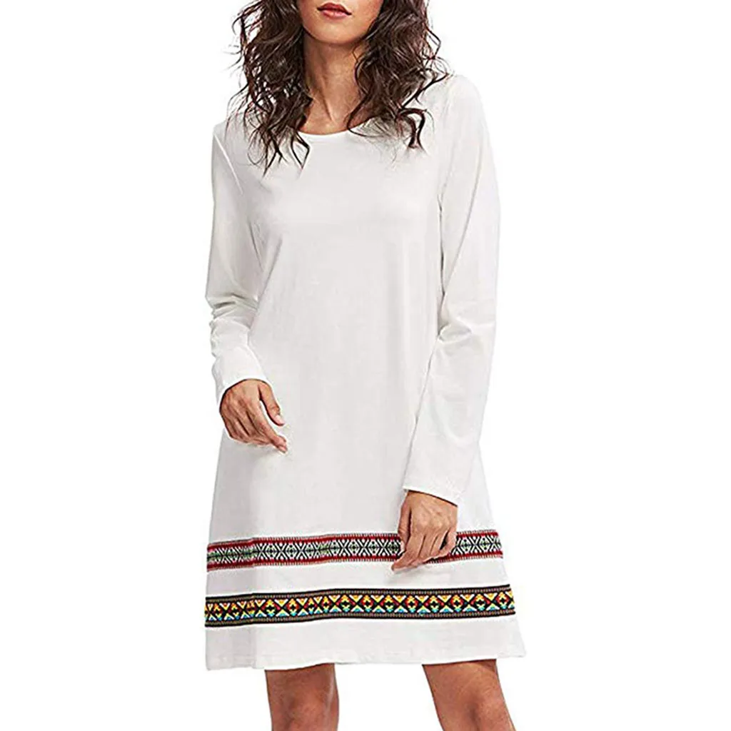 Осенне зимнее женское платье с круглым вырезом и длинными рукавами Однотонное