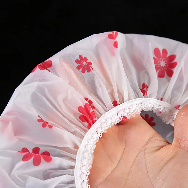 

Thick Waterproof Shower Hat Women Shower Hair Cover Oil Fume Cap High-grade Frosted Printed Lace Shower Cap Bathroom Accessories