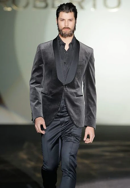 

Черный, серый бархатный мужской блейзер шаль с отворотом Формальные вечерние мужские костюмы для выпускного вечера Slim Fit Terno Masculino жених свадебные костюмы 2 шт