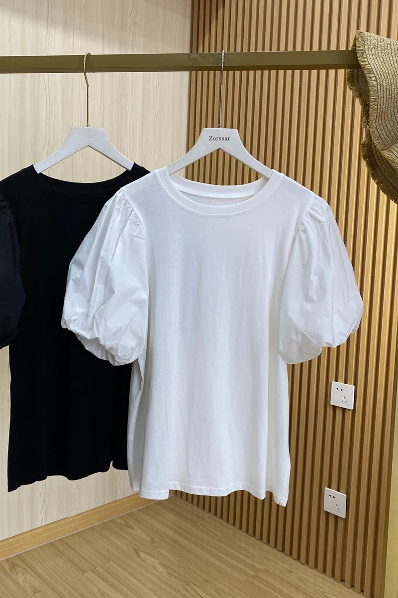 

2021 Summer Korean Style Puff Sleeve Round Neck T Shirt for Women Short Sleeve White Bottom Top Female Casual Loose T Shirt