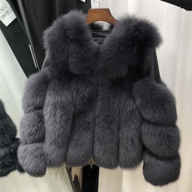 Темно-серый Rf1929 зимнее короткое пальто из натурального Лисьего меха Stlye FluffyReal, натуральная кожа, натуральный мех, куртка с длинным рукавом, женские пальто из натурального меха - Цвет: Темно-серый