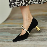 pearls pointed toe pumps women officecareer ladies shoes leather latest heels women shoes beige black heels elegante mujer