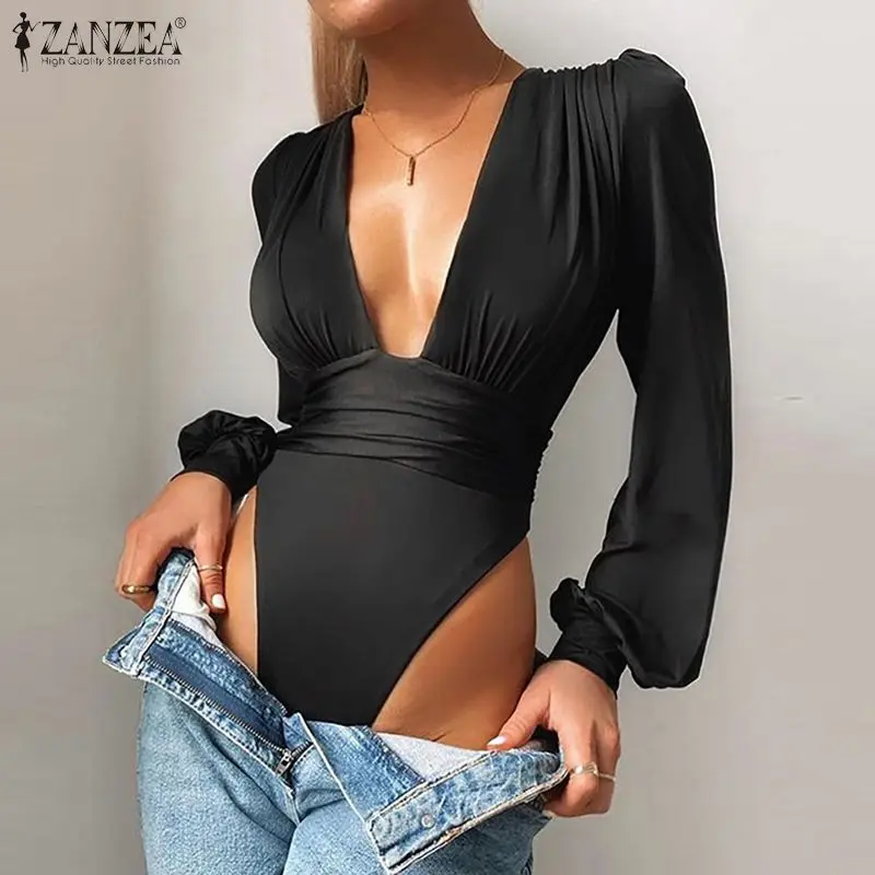 

Fashion Sexy V Neck Long Sleeve Solid Bodysuits 2021 ZANZEA Women Casual Black Tops Female Slim Fit Rompers Playsuits