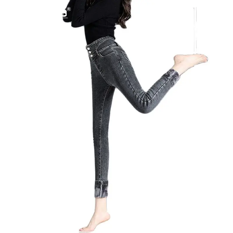 

2021 new high-waist jeans women fall/winter slim slimming stretch all-match plus velvet feet pants trend