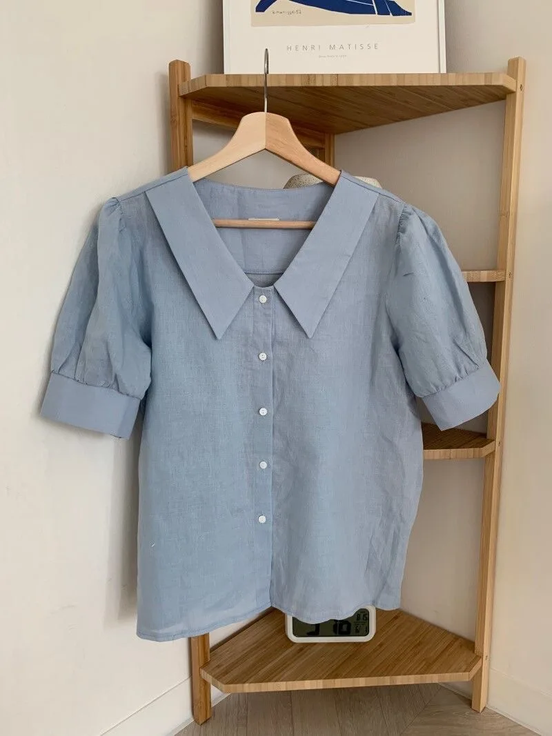 

Women Blouse Korean Chic Gentle Fashion Pointed Collar Single-breasted Loose Solid Color Bubble Short Sleeve Famale White Top