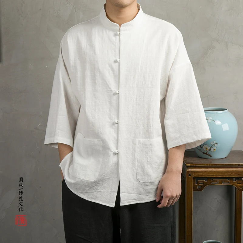 

Рубашка Мужская льняная с длинным рукавом, Классическая Повседневная красивая блуза в китайском стиле, с воротником-стойкой, большие разме...