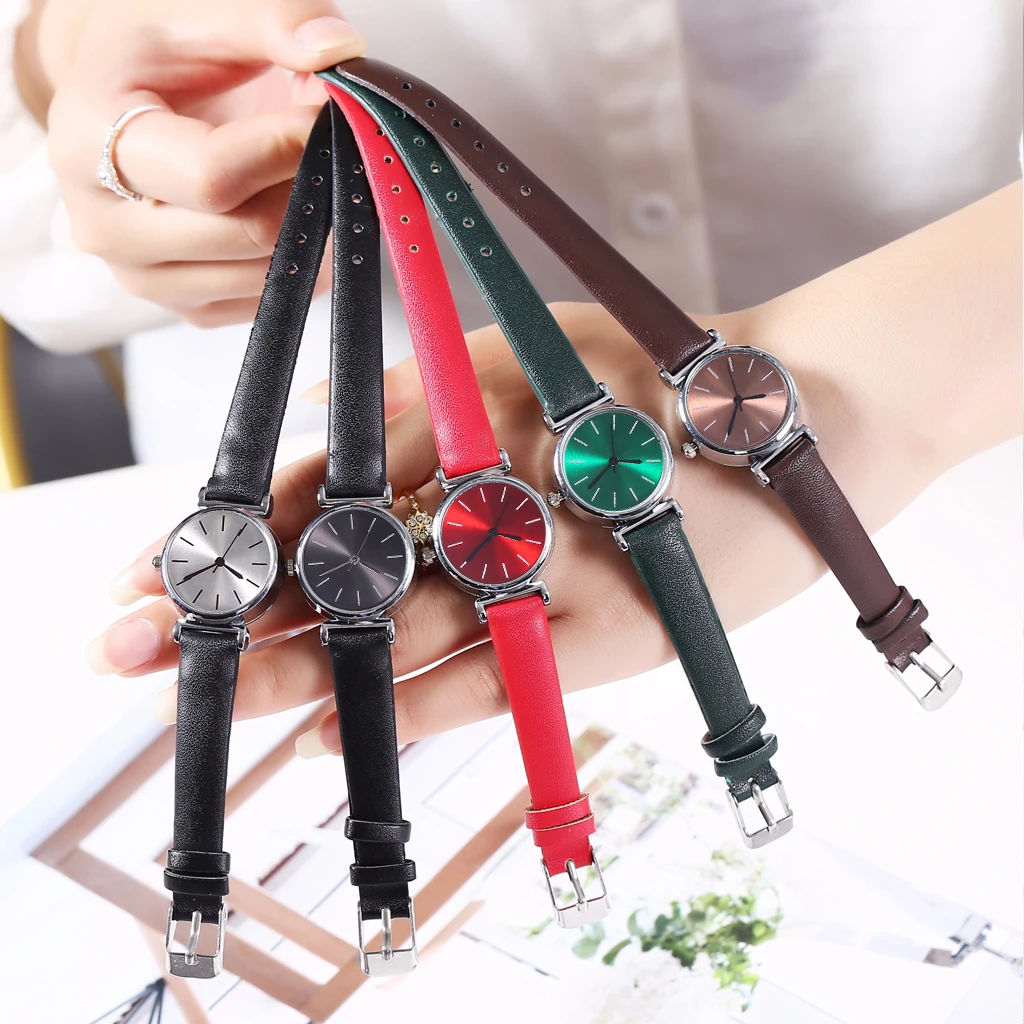 Женские кварцевые часы с кожаным ремешком повседневные простым циферблатом