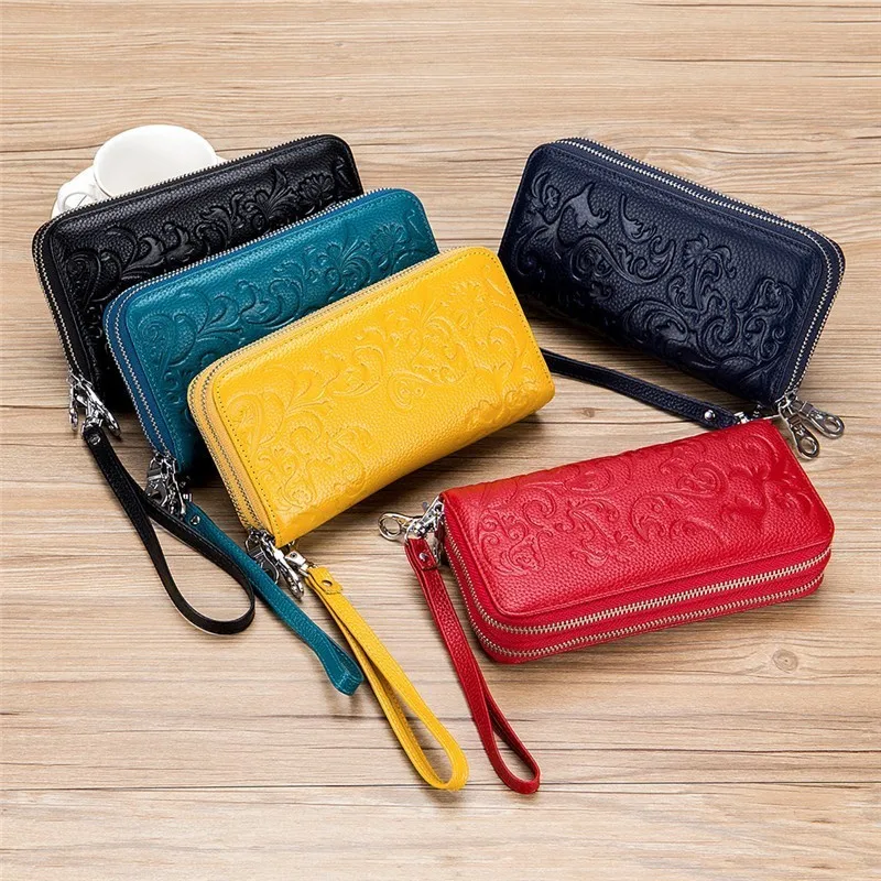 

Floral Embossed Genuine Leather Long Wallets For Women Double Zipper Clutch Bag High Capacity Card Holder Wallet Female Wristlet