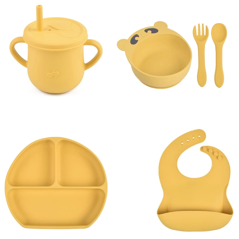 

6 Pcs Baby Silicone Bib Divided Dinner Plate Sucker Bowl Spoon Fork Straw Cup Set Training Feeding Food Utensil Dishes