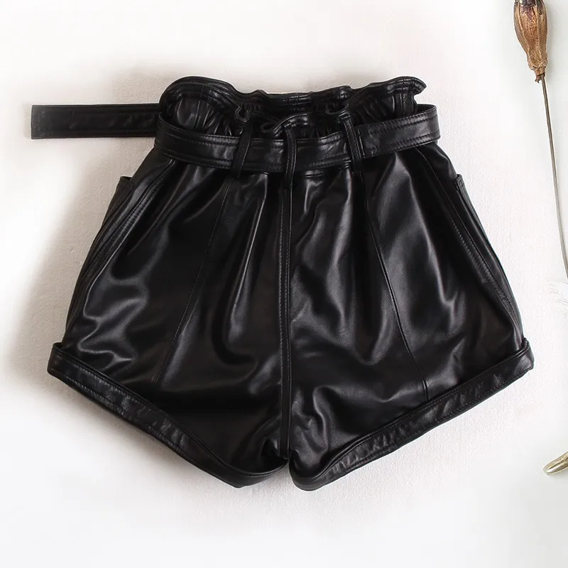 Pink Genuine Leather Shorts Women Casual Elastic High Waist Wide Leg A-Line Shorts Autumn Winter Pocket Loose Sheepskin Shorts