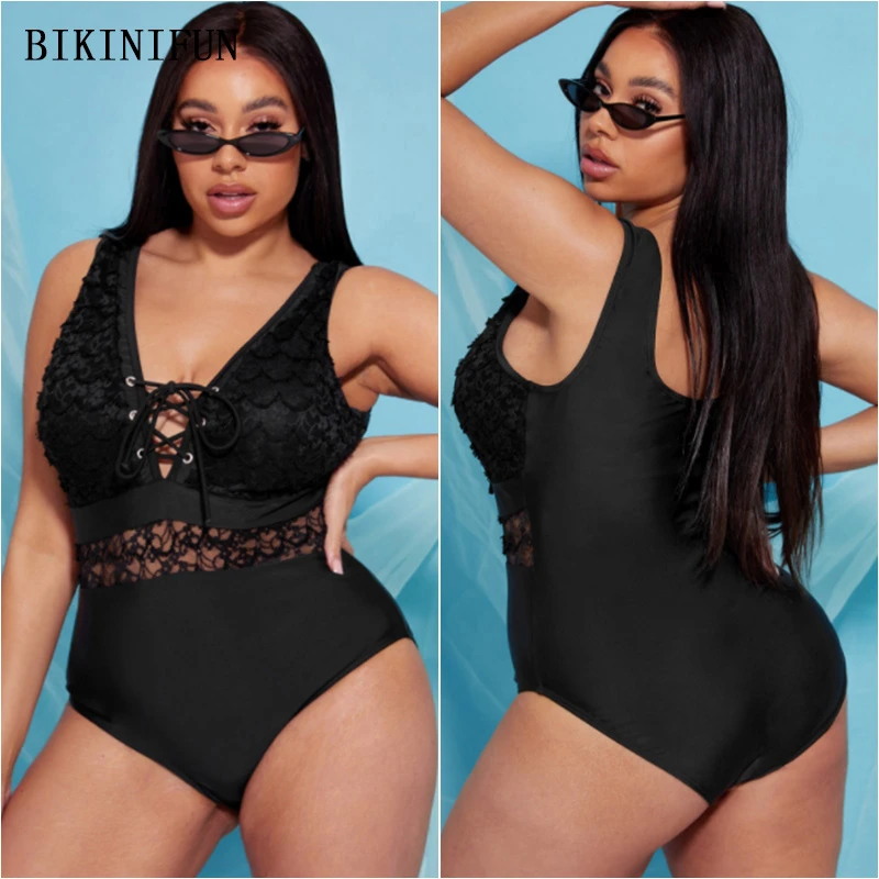 

New Sexy Lace Patchwork Swimsuit Women Drawstring Beachwear Plus Size Monokini XL-4XL Girl Deep V One Piece Suit Black Swimwear
