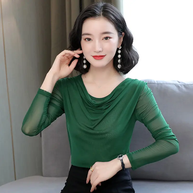 

Women Mesh Long Sleeve Top T-shirts Women's Autumn New Style Foreign Style Slim T-shirt Female Mesh Lace Bottom Clothes P3 274