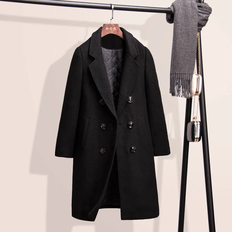 Черное шерстяное пальто Женское зимнее женские длинные куртки двубортная