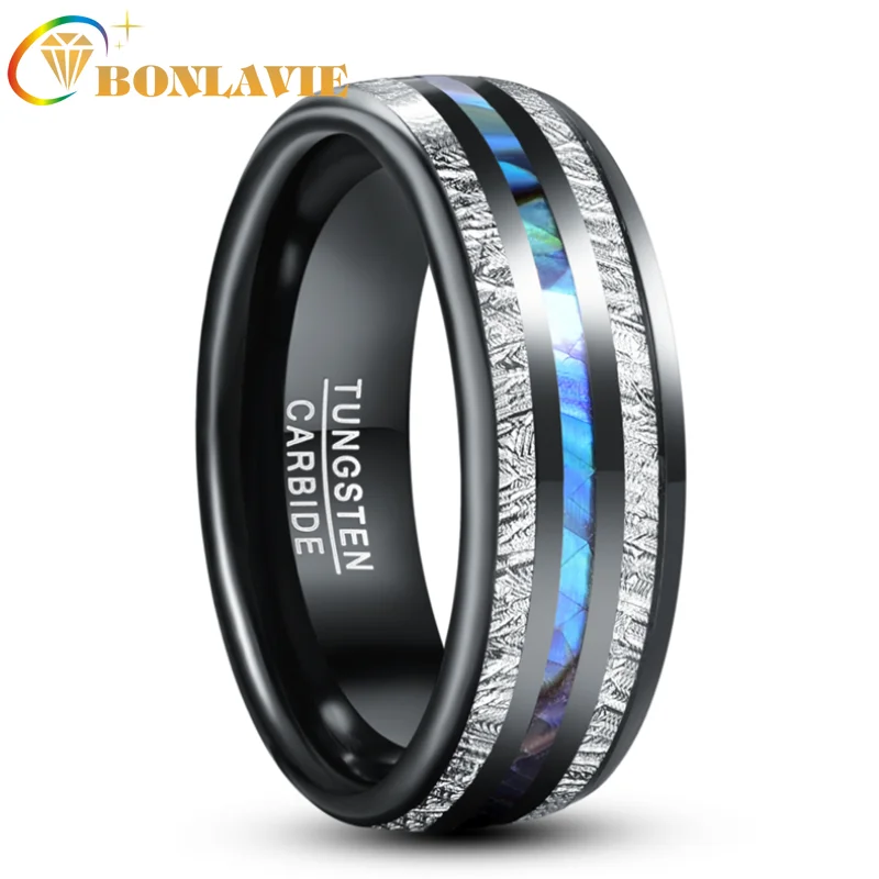 

BONLAVIE 8mm Electric Black Inlaid Meteorite Anel Masculino Abalone Shell Dome Tungsten Carbide Ring For Men