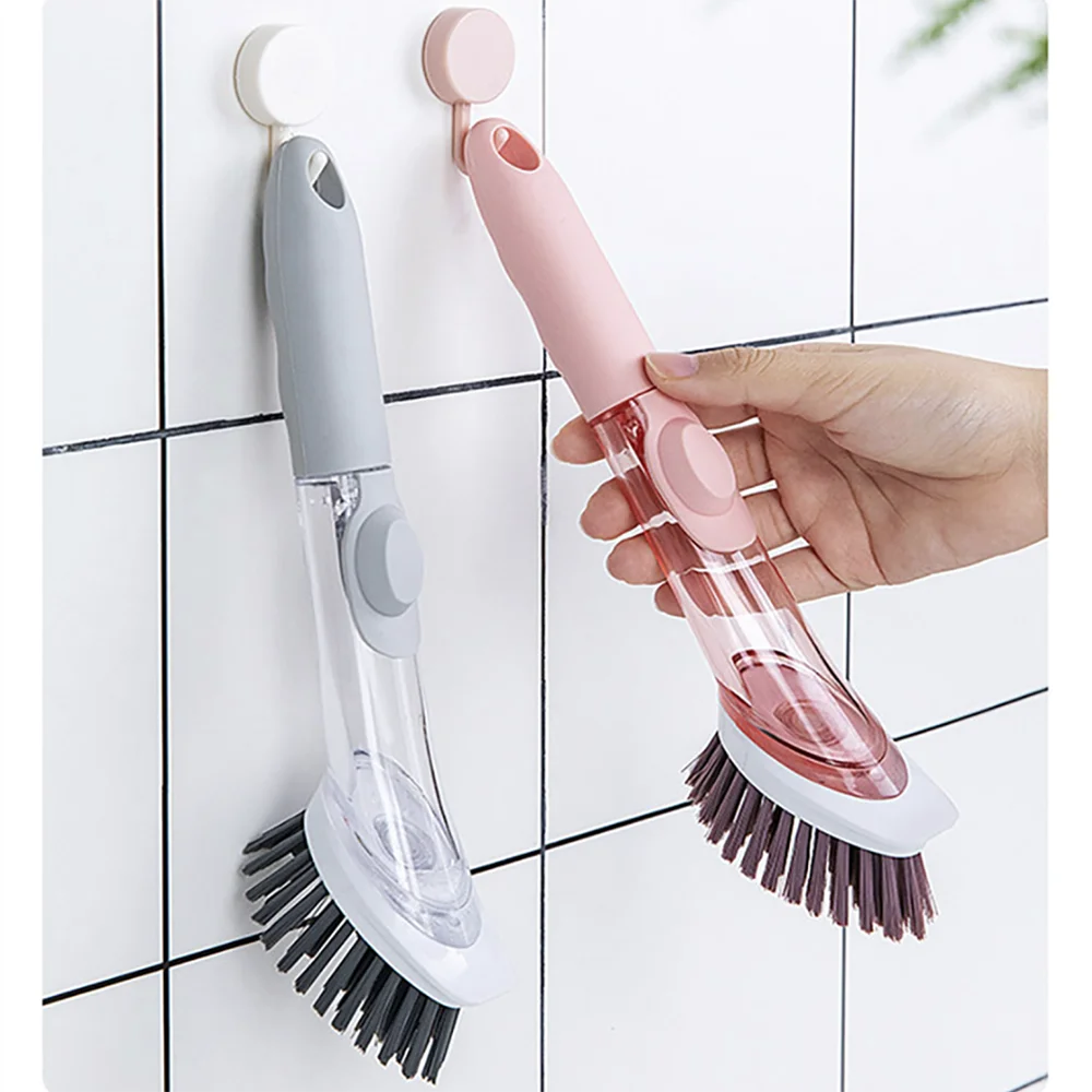 

2 in 1 use kitchen cleaning brush scrubber dish washing sponge automatic liquid dispenser kitchen pot cleaning tool