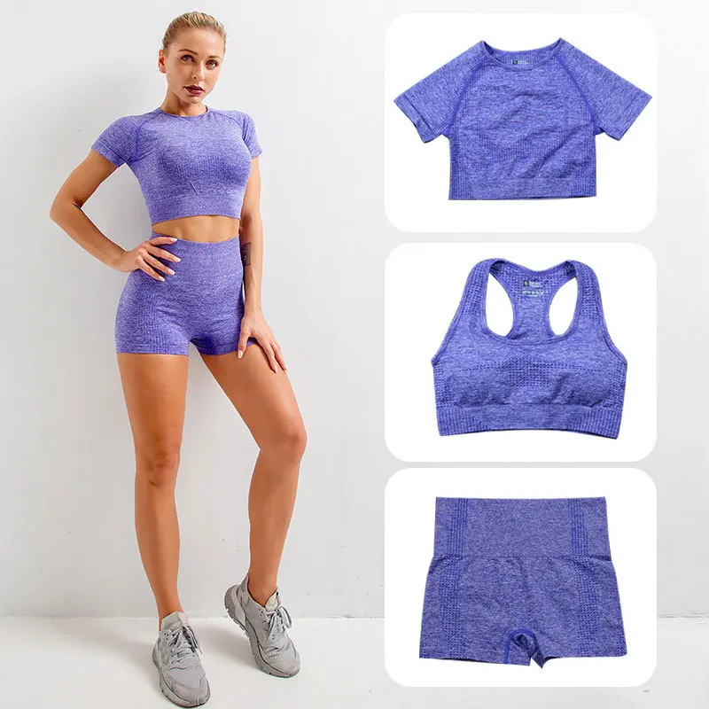 

3pcs Women Sportswear Yoga Set Little Jacquard Bra Tracksuit Seamless Fitness Short Sleeves Sports Suit