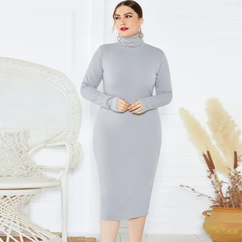 Серый BHflutter 4XL 5XL 6XL Plus Size Winter Dress Women Long Sleeve Turtleneck Knitted Dress Ladies Sexy Bodycon Vintage Dresses - Цвет: Серый
