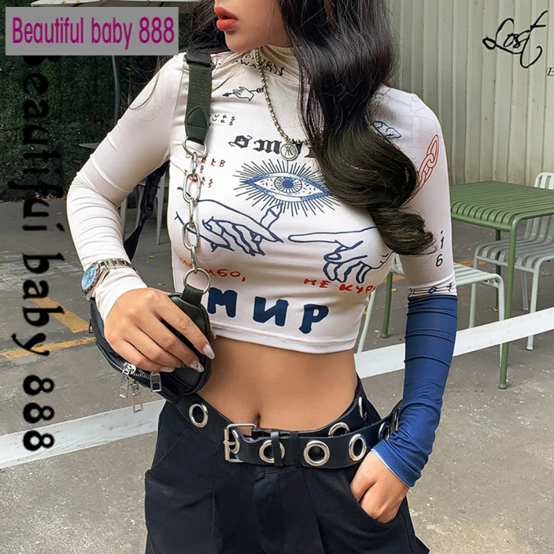 

Женская футболка с забавным принтом, повседневный облегающий эластичный Топ с длинным рукавом, осень 2020