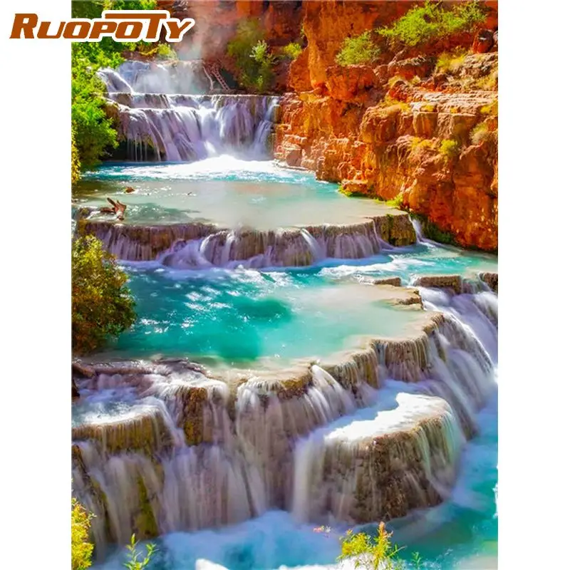 

RUOPOTY 60x75cm Frame Painting By Number For Adults Waterfall Picture By Numbers Handpainted Acrylic Paint On Canvas For Home