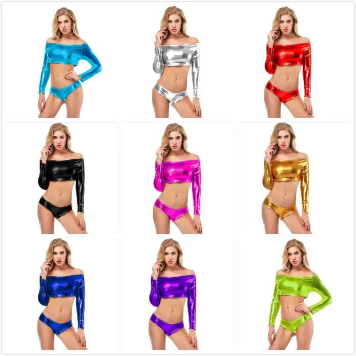 

11 Candy Color Shiny PU Faux Leather Sleeve Sexy One Word Shoulder Tops Dance Night Club Wear Bustier Top