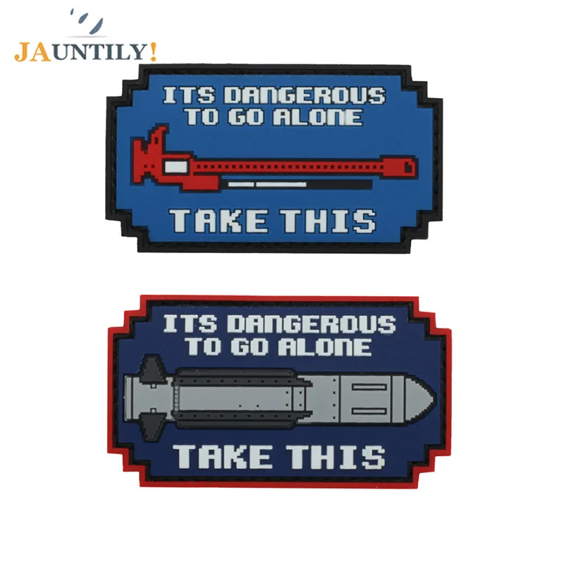 

New 3D Dangerous Go Alone Take Gun Rifle Tactical Pixel Patch Badge Applique PVC Military Diy Patch