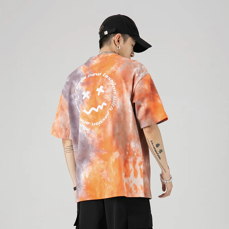

2021 Summer Smiley Face Tie-dye Printed T Shirt For Men Loose Hip-hop O-neck Cotton Male Causal Fashion Short Sleeve T-shirts