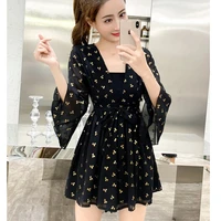 1605 black red transparent chiffon playsuits women v neck sexy vintage printed wide leg short jumpsuit flare sleeves summer