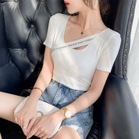 sexy simple short sleeved t shirt womens summer new style shoulder pad letters tight sexy clavicle u neck top